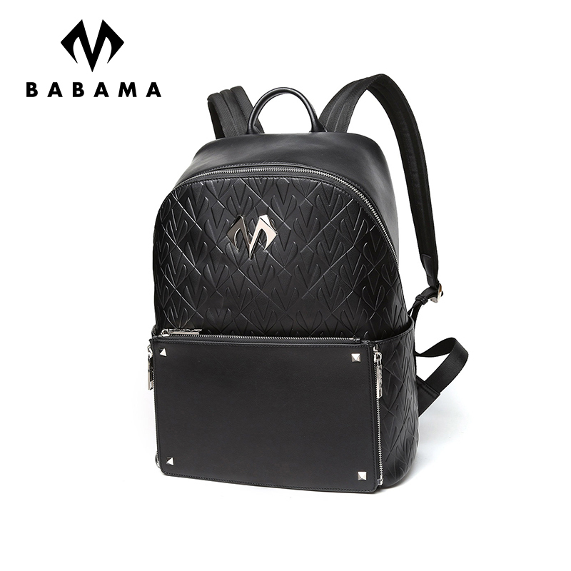 BABAMA双肩包男新款时尚潮流背包牛皮个性休闲书包潮牌街头 黑色907022101