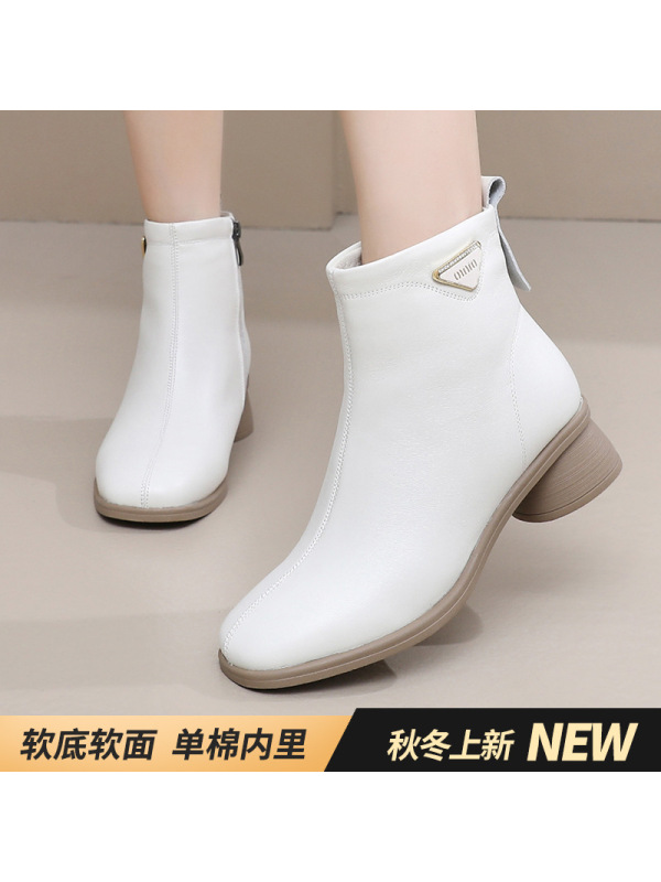 真皮方头粗跟短靴女年秋冬新款加绒中跟软底百搭韩版马丁靴女