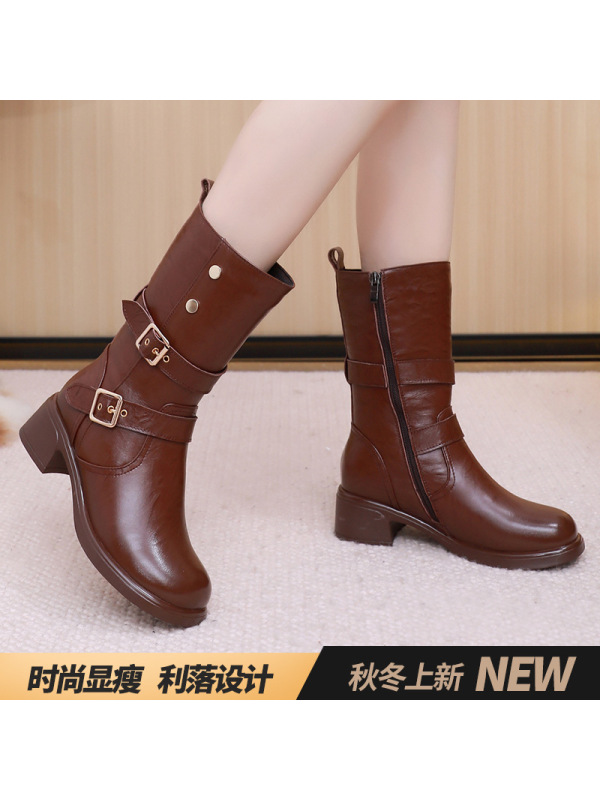 冬款韩版复古铆钉皮带扣马丁靴女厚底西部中筒圆头软底短靴女