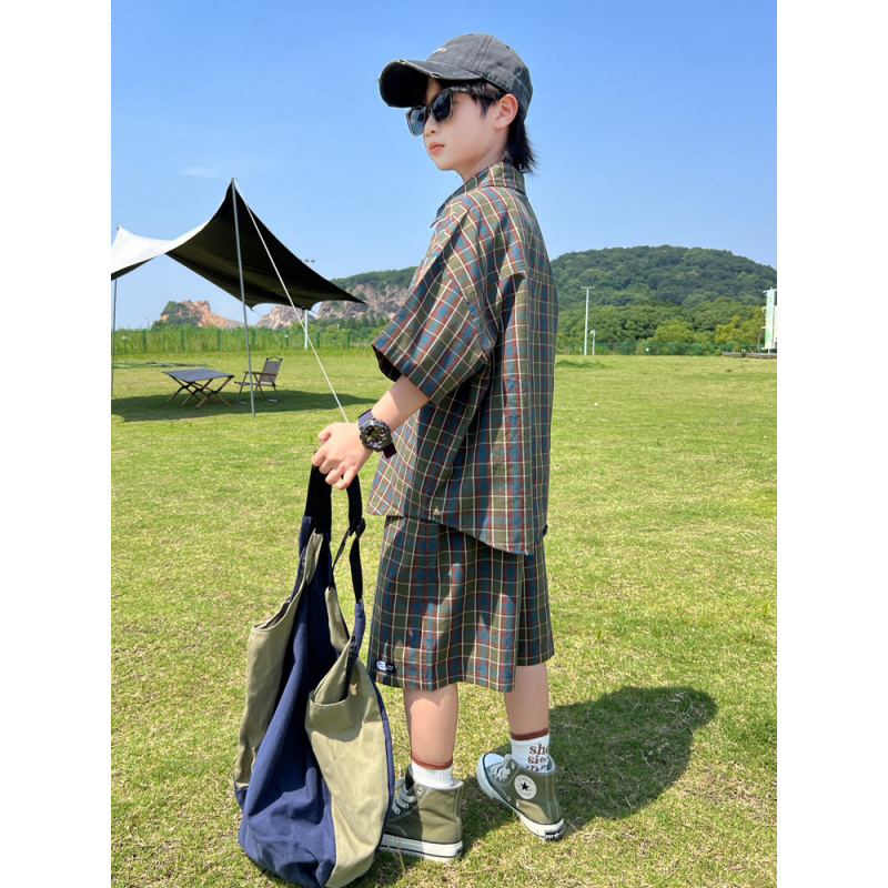 男童衬衫套装2025新款儿童夏装格子短袖大童夏款帅气夏季时髦潮