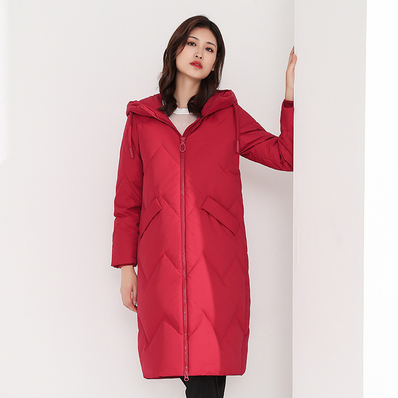 千仞岗新款羽绒服女抽绳连帽简约纯色中长款连帽保暖
