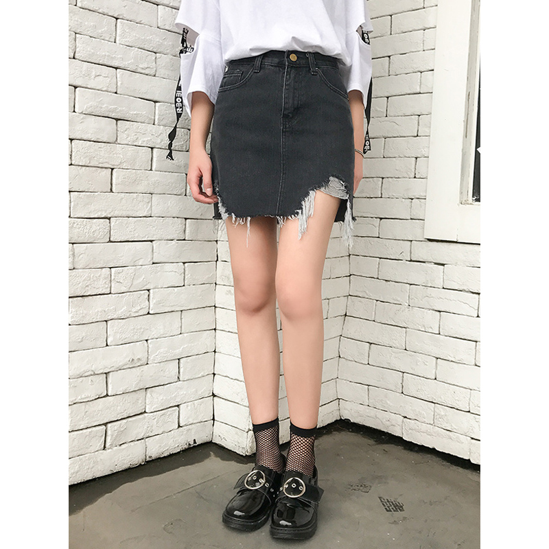 天淳尔女装夏季无弹不规则破洞流苏牛仔短裙2018YC-333