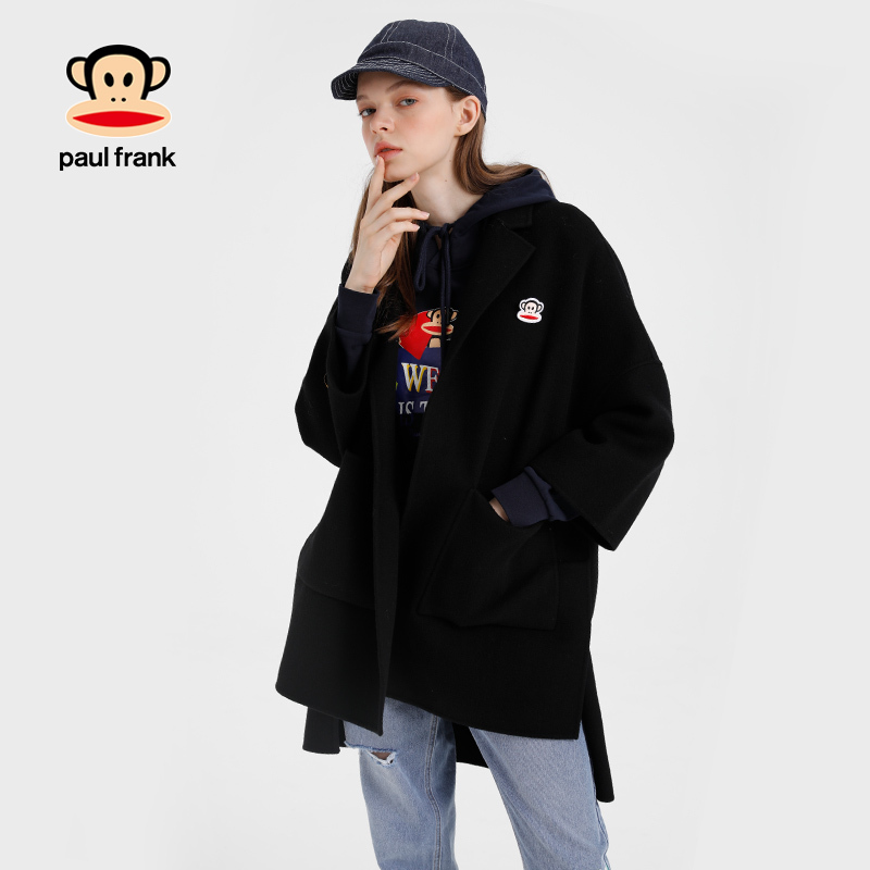 Paul Frank/大嘴猴秋冬毛呢外套女纯色韩版宽松时尚外衣 黑色 M