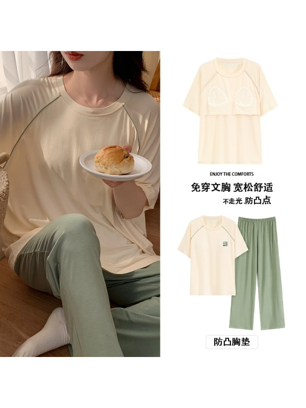 莫代尔夏季睡衣女短袖长裤套装带胸垫防凸点卡通休闲家居服可外穿