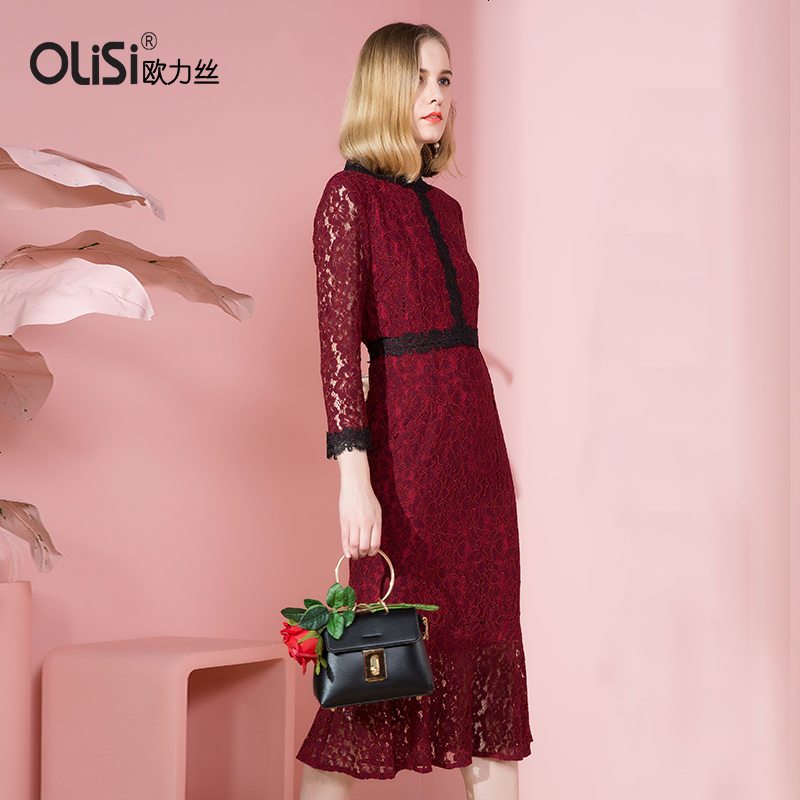 OLiSi欧力丝酒红色蕾丝连衣裙秋装2018新款女修身鱼尾裙中长款