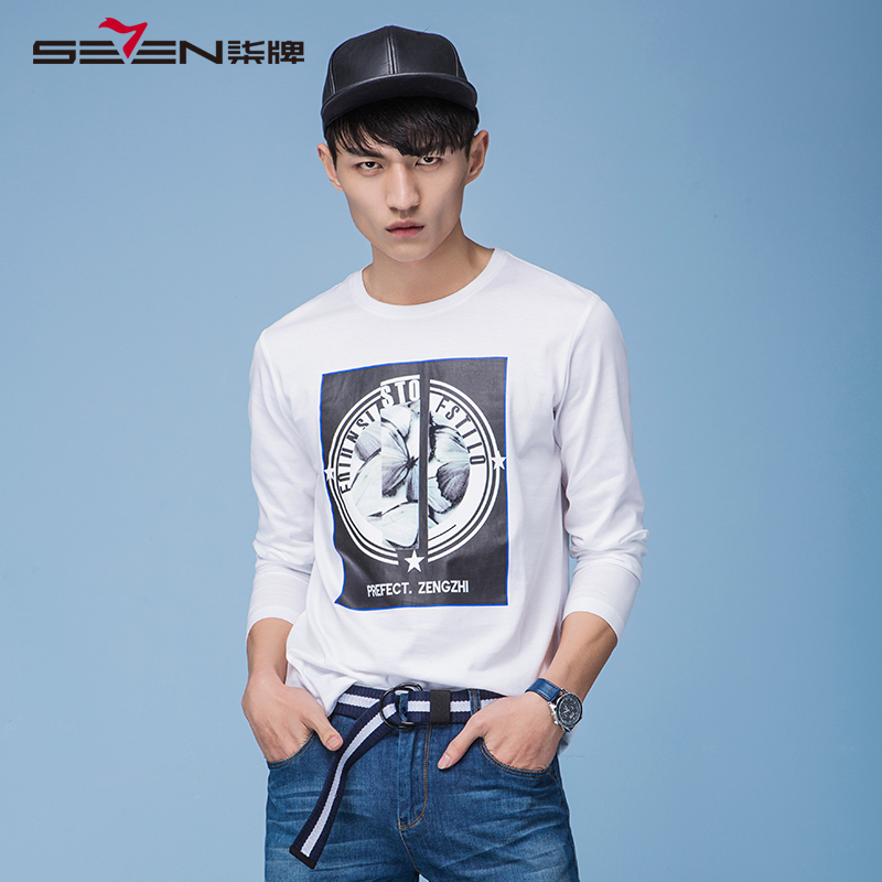 柒牌SEVEN男装长袖T恤纯棉韩版打底衫修身印花圆领