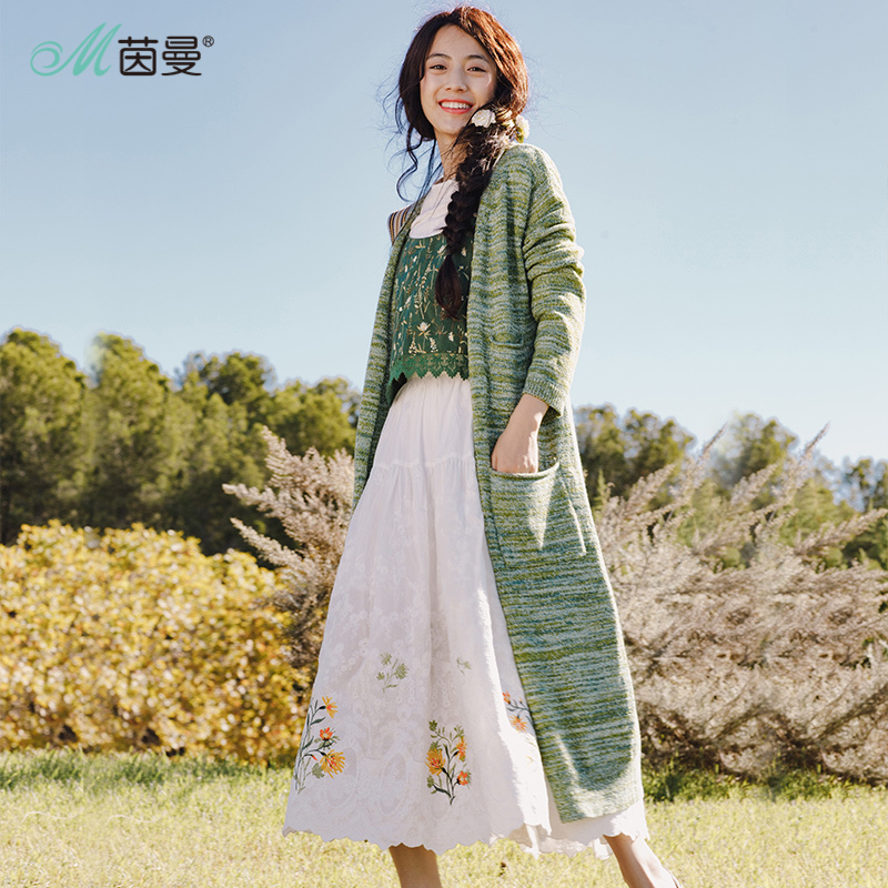 茵曼女装春装新款文艺宽松针织开衫女中长款薄款早春外套外搭
