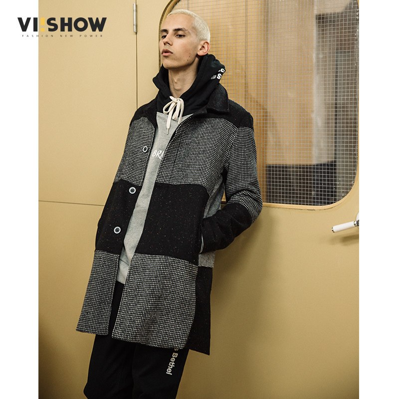 viishow潮牌冬装男士风衣外套英伦风中长款拼色大衣修身_1