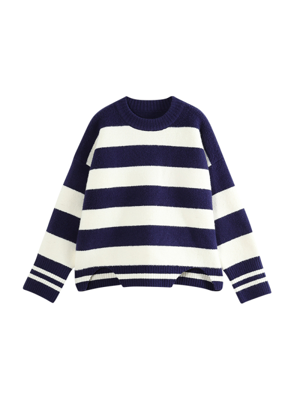 初语宽松毛衣女粗条纹落肩袖圆领套头毛针织衫上衣