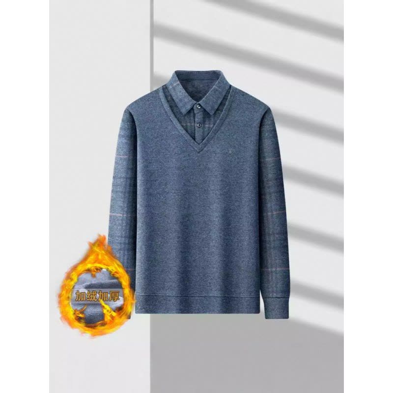 新款T恤加绒假两件男士长袖polo衫加厚鸡心领休闲打底衫男装上衣图片