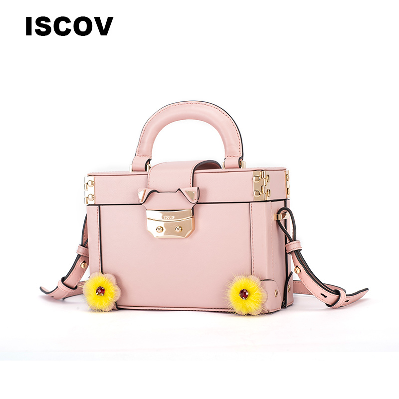 ISCOV头层牛皮时尚小方包 春夏金属扣单肩斜挎包