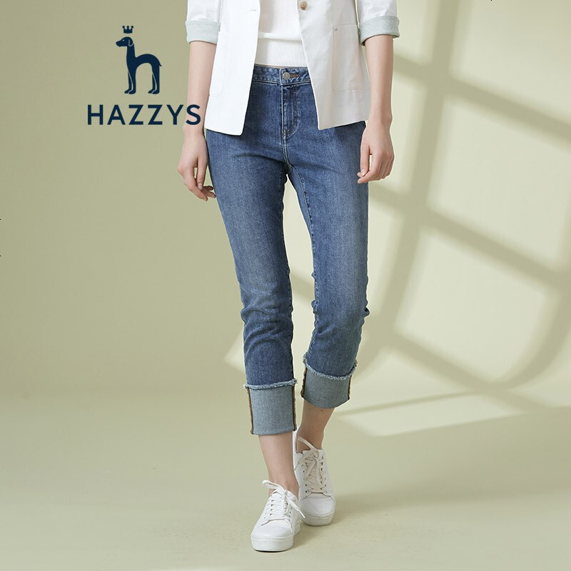 哈吉斯HAZZYS春夏新款牛仔裤女都市简约修身休闲长裤蓝L
