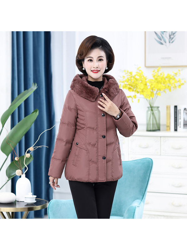 雪暖中老年女装妈妈装羽绒服修身中长款獭兔毛连帽外套女