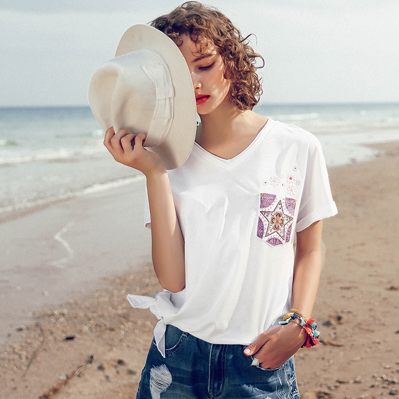 裂帛白色短袖t恤夏装新款简约毛边v领刺绣口袋落肩开叉t