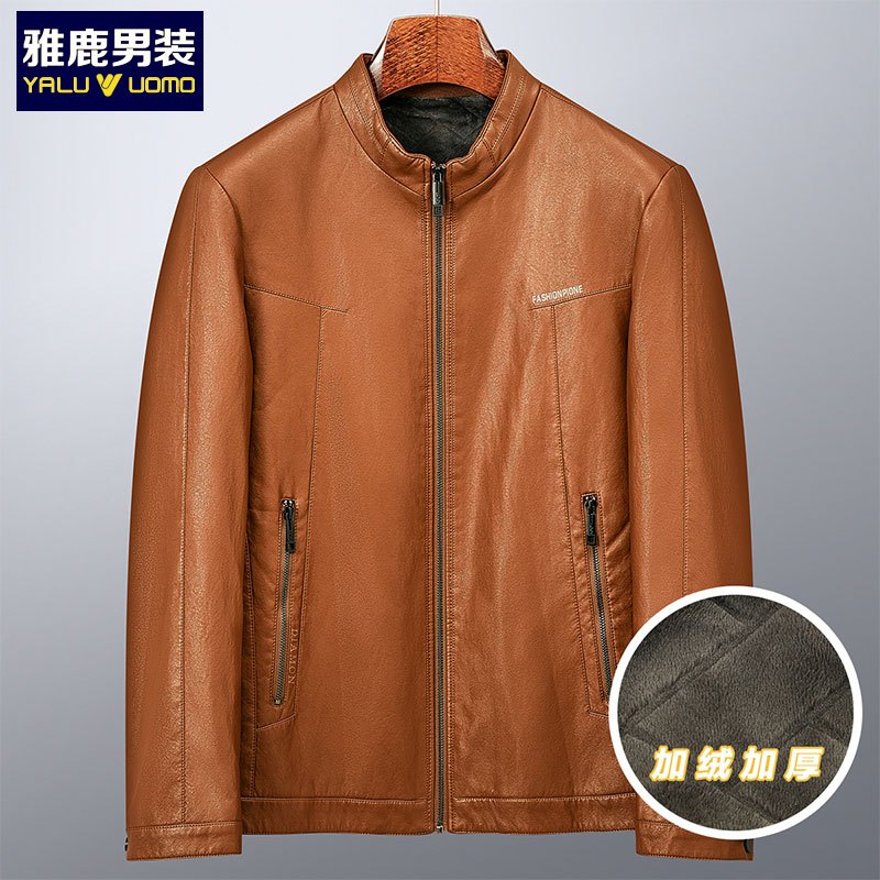 雅鹿男装新品加绒加厚百搭立领皮夹克外套男士皮衣1137PA19205
