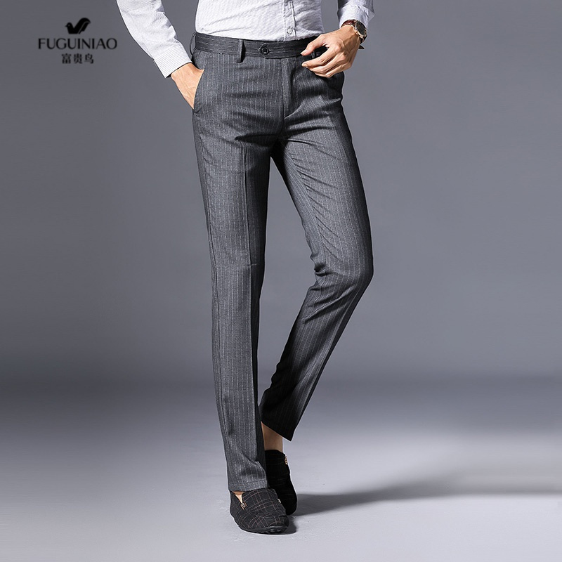 富贵鸟fuguiniao西裤男春秋季竖条纹休闲西裤男士长裤修身商务坠感