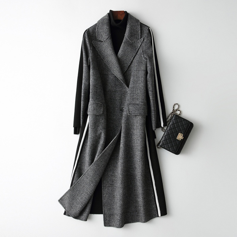 女款休闲时尚宽松长款西装领条纹双面尼羊毛皮大衣