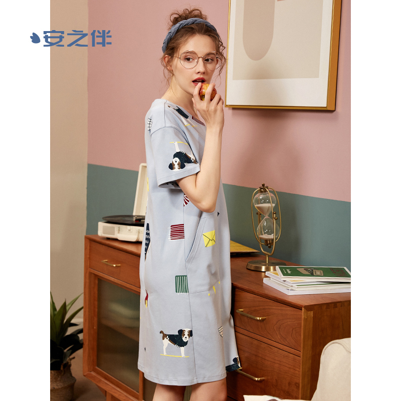 安之伴睡裙女夏冰瓷棉印花短袖女裙