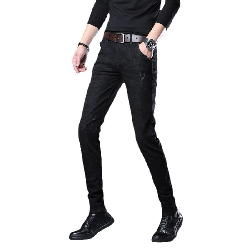 ceba品质纯黑色男士修身牛仔裤男青年韩版紧身显廋微哈小脚裤男