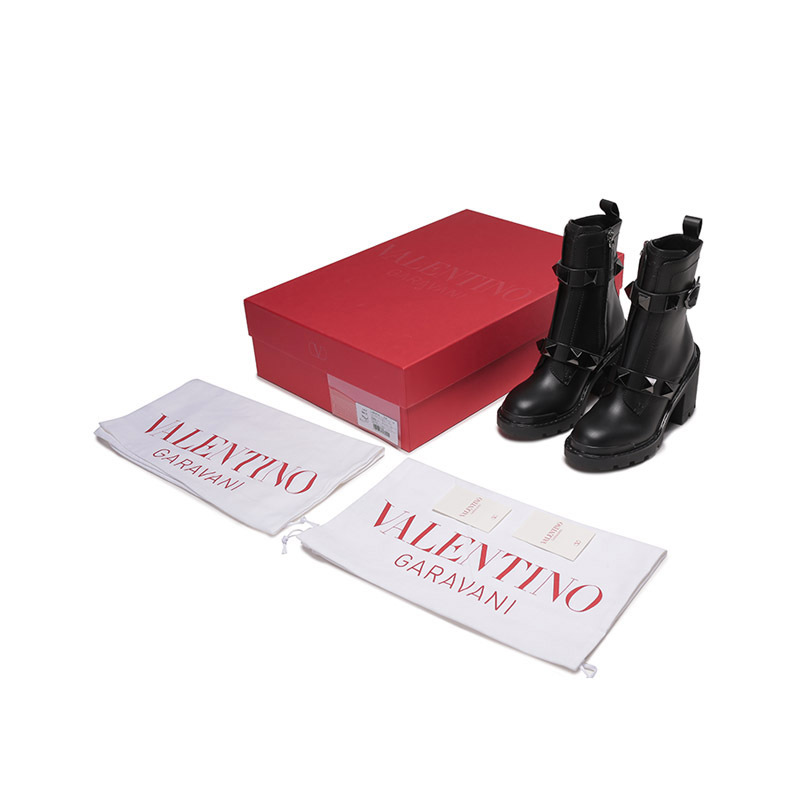 华伦天奴 VALENTINO 女士牛皮ROMAN STUD超大铆钉装饰粗高跟靴子短靴皮靴 1W2S0CJ2 FYP