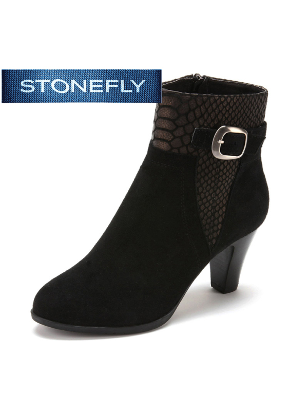 斯通富来STONEFLY冬季绒面羊皮革黑色短靴女中低跟SD44117049