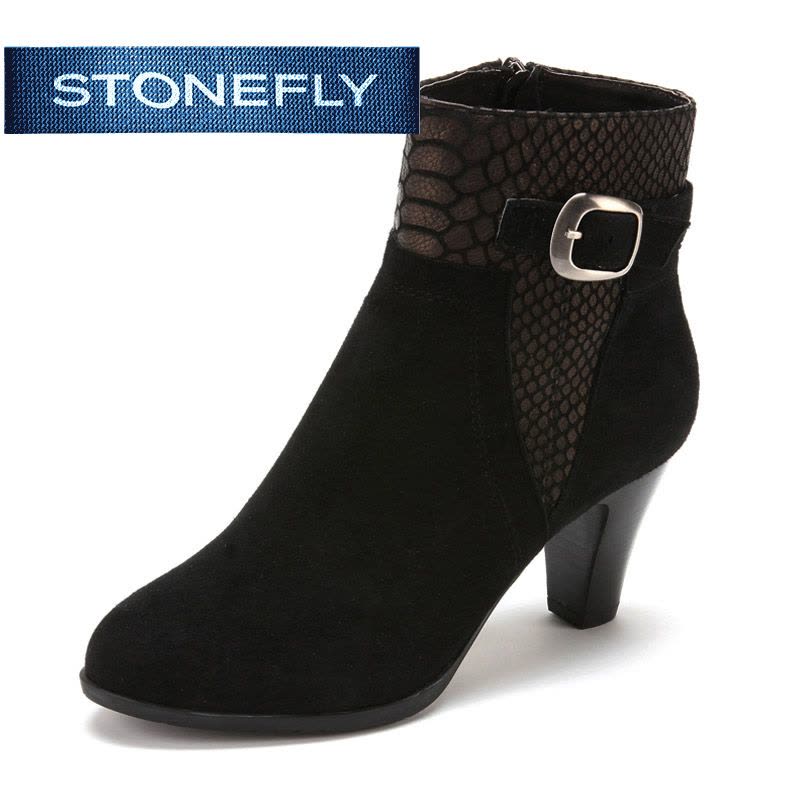 斯通富来STONEFLY冬季绒面羊皮革黑色短靴女中低跟SD44117049图片