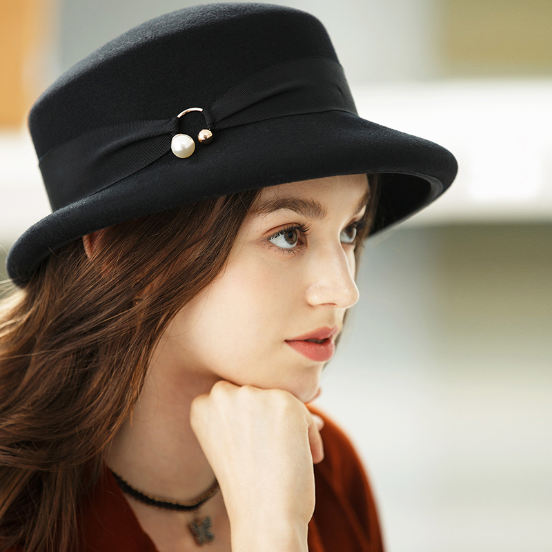 宏达hondar秋冬女款法式复古珍珠饰扣名媛羊毛毡帽mz021c