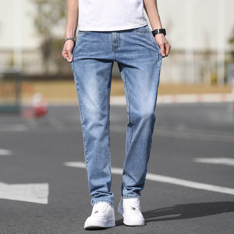 ceba浅色牛仔裤弹力磨白蓝阳光帅气青少年男士休闲宽松小直筒裤