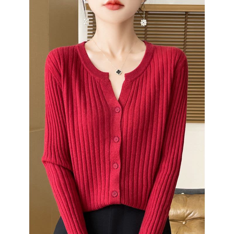 针织衫V领秋冬新款纯色短款毛衣竖条开衫内搭大码针织衫针织打底图片