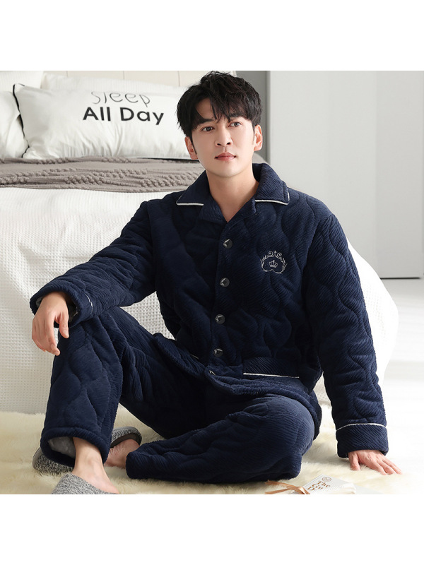 睡衣男士冬季开衫珊瑚绒三层夹棉加厚加绒法兰绒加大码家居服套装