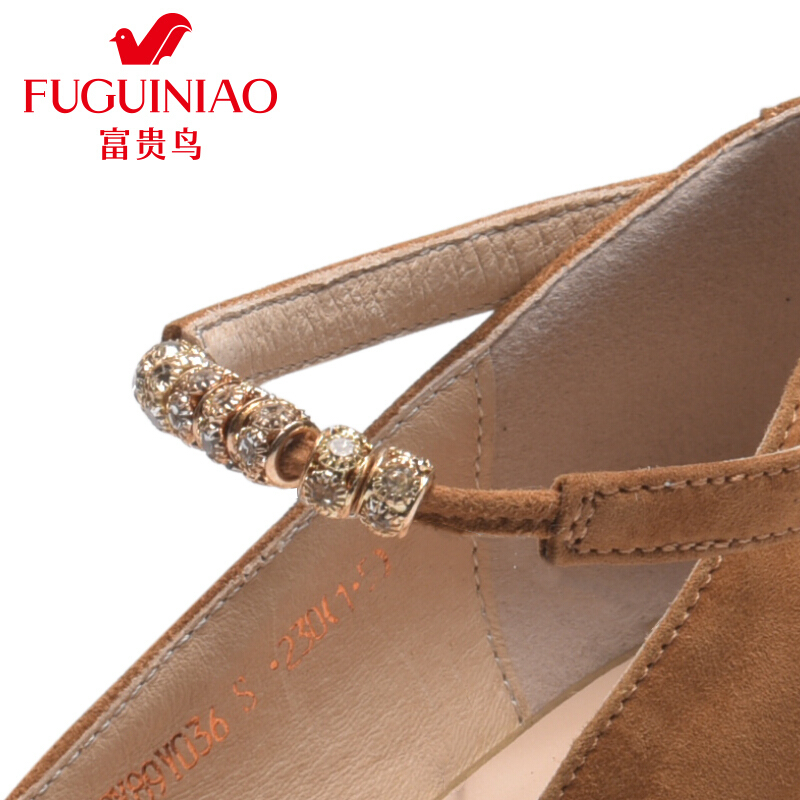 富贵鸟（FUGUINIAO）2018春新款反绒尖头粗跟一字扣水钻装饰单鞋