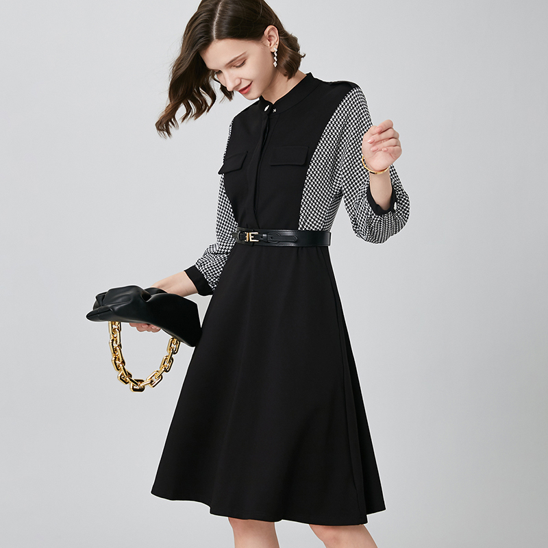 晚白2020秋季新品通勤小立领千鸟格收腰中长款a字衬衫裙连衣裙女视频