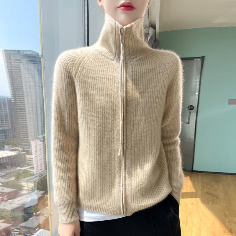 24秋冬新款韩版慵懒高领落肩针织开衫双开拉链宽松显瘦时髦上衣女图片