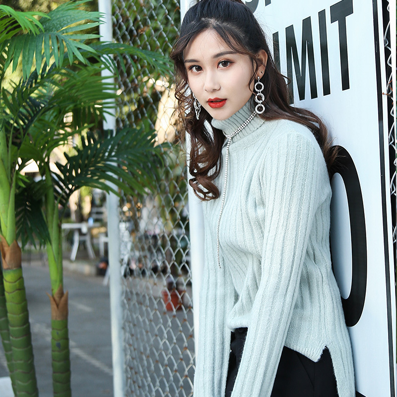 美丽衣橱2018春季新款毛衣女高领宽松甜美韩版套头学生针织衫长袖打底线衣