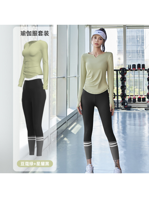 V领裸感瑜伽服无缝弹力高腰提臀健身套装跑步运动骑行服