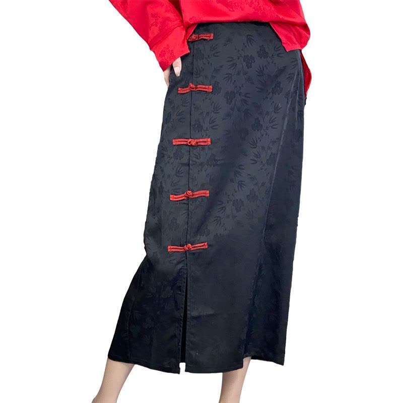 批国风复古半身裙女春秋新款醋酸缎面提 花太太气质开叉A字裙图片