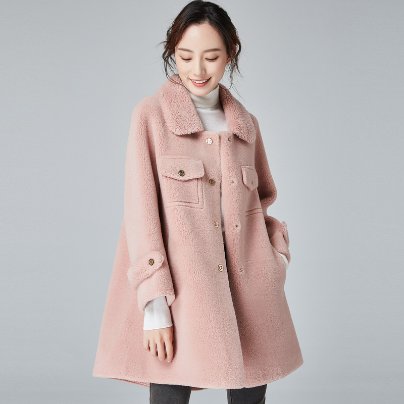 恒源祥翻领颗粒羊剪绒大衣女秋冬中长款a字显瘦仿皮外套含羊毛