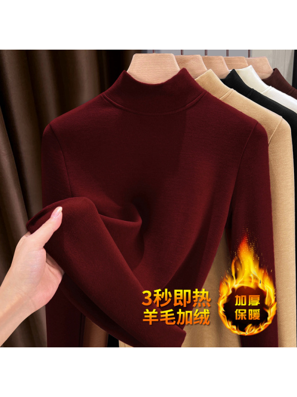 德绒羊绒半高领打底衫女黑科技保暖衣秋冬款厚款内搭加绒黑色上衣