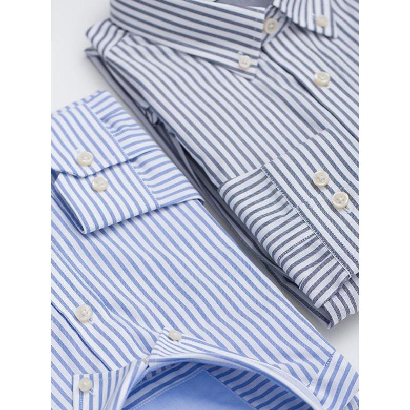 长袖衬衫男条纹秋新款商务休闲修身牛津纺纯棉男士衬衣