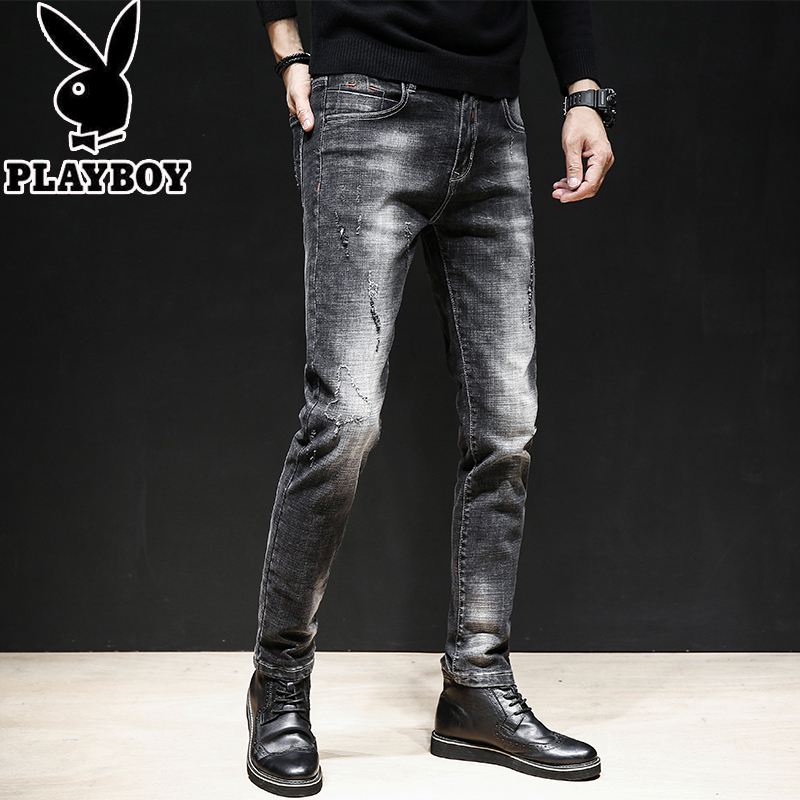 花花公子PLAYBOYJEANS牛仔裤男秋冬黑色修身型直筒弹力小脚男士长裤子潮
