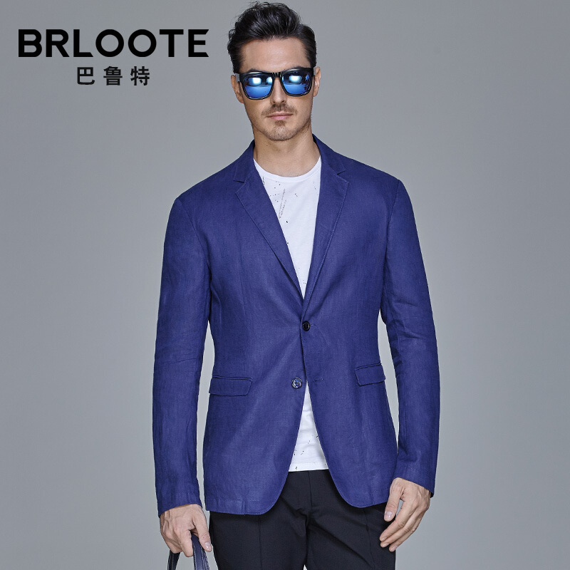 Brloote/巴鲁特 亚麻休闲西服男修身时尚西装便西外套春装 藏蓝