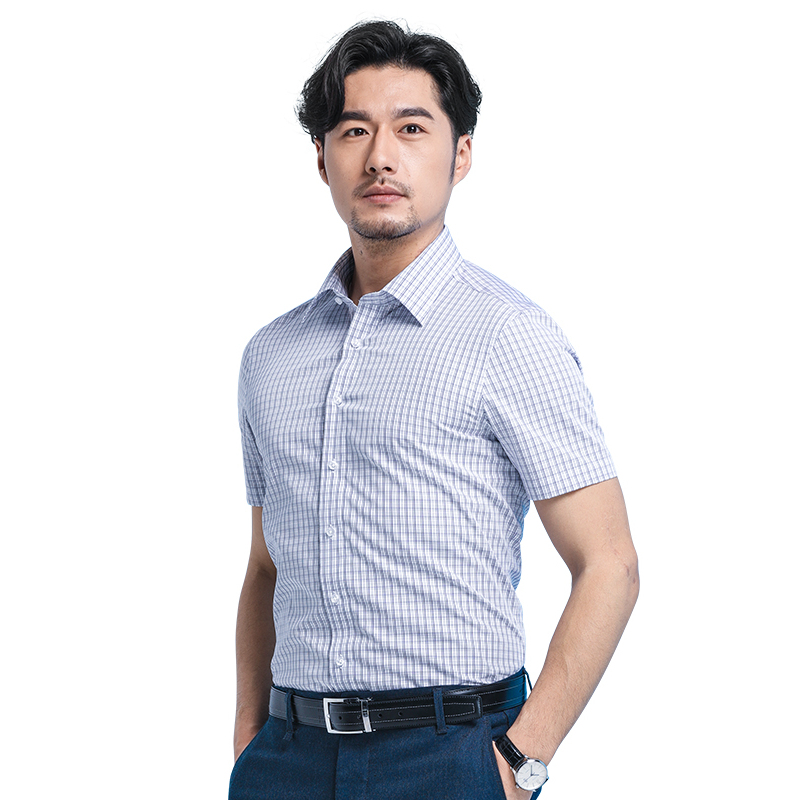 深海2018夏季新品格子衬衫男短袖时尚休闲纯棉修身免烫薄款寸衫衬衣