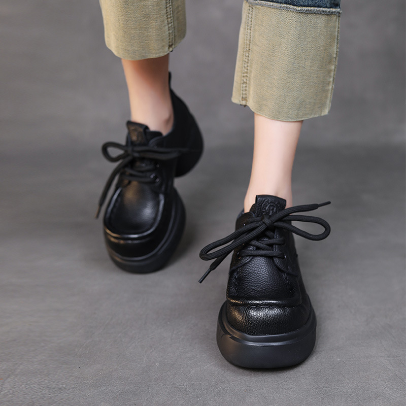 春秋单鞋厚底头层牛皮松糕鞋系带圆头文艺小皮鞋深口休闲百搭女鞋
