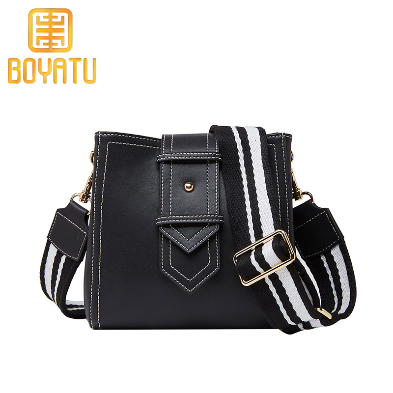 柏雅图（boyatu）牛皮女士斜挎包女小包欧美时尚真皮单肩包女宽肩带水桶包