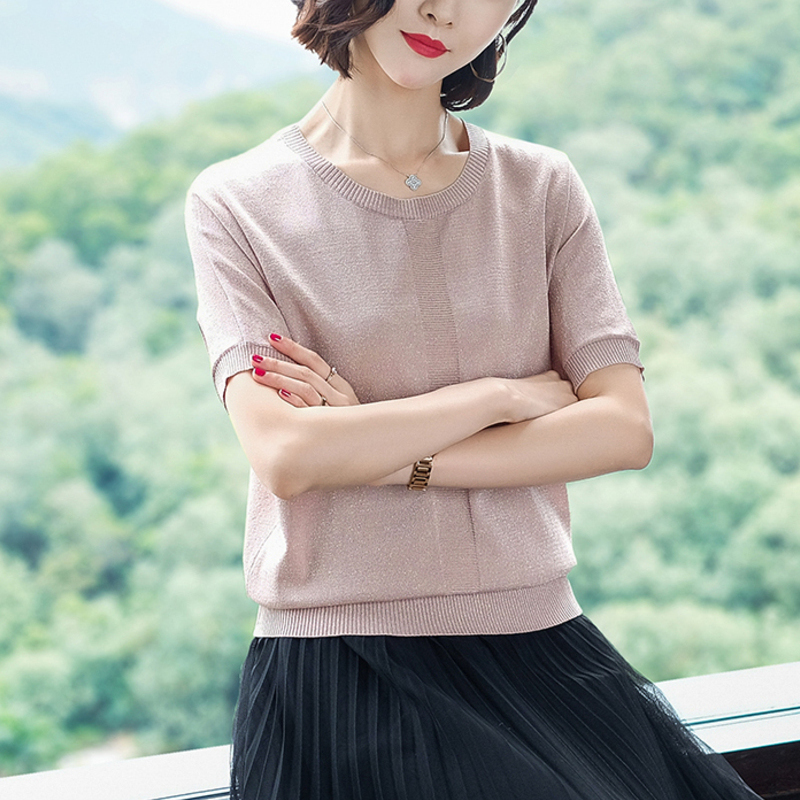 恒源祥纯色冰丝短袖T恤女夏新款韩版亮丝上衣 圆领套头针织衫