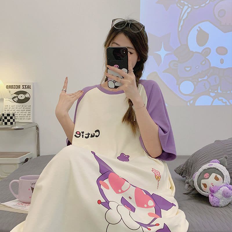 睡裙夏季女棉质短袖可爱卡通网红睡衣女夏天宽松女士春夏款家居服图片
