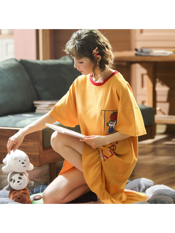 睡裙女夏季棉质短袖薄款 中长款睡衣韩版可爱卡通家居服连衣裙