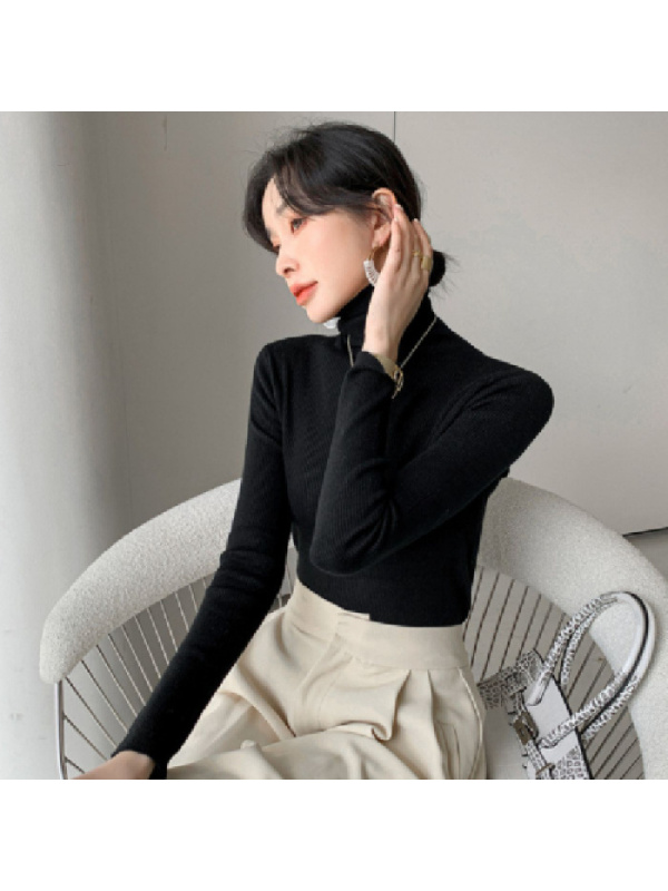 秋装新款女克莱因蓝堆堆领针织衫打底衫高领毛衣紧身修身内搭上衣