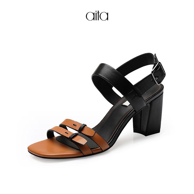 aita艾塔夏季新款方头撞色拼接细带中跟凉鞋粗跟露趾罗马鞋视频
