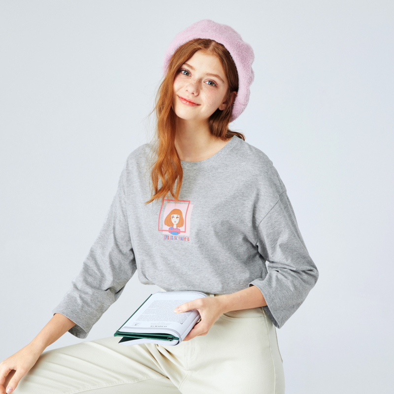 Semir森马宽松T恤女2019秋季新款印花套头纯棉少女潮t恤显瘦七分袖上衣